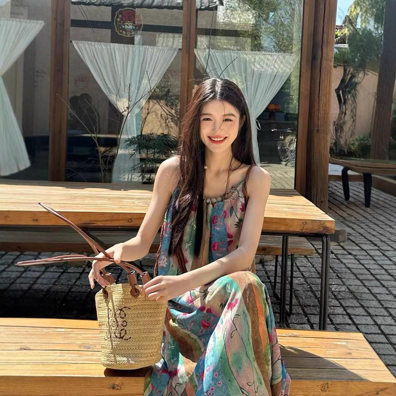 Seaside Vacation Sling dress Children Summer New French Style Retro Floral Elegant Casual Style Beach Long Dress