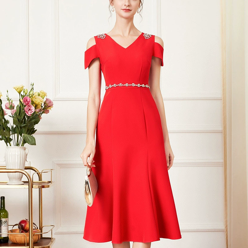 Специальное предложение Шэньчжэнь высокого класса вино красное платье свадебный банкет узкой талией Си свекровь носить Лето плюс размер среднего возраста платье женщины