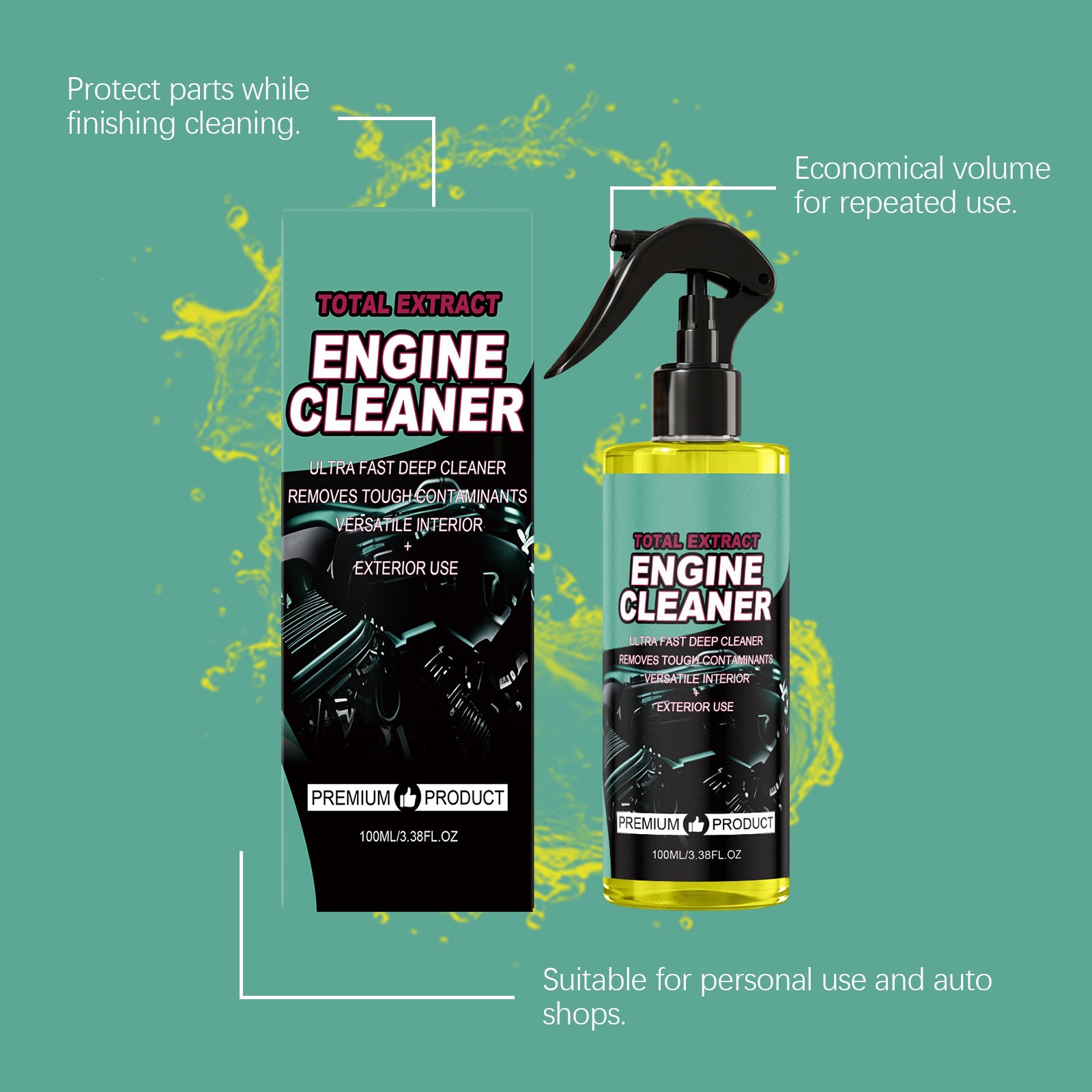 Engine cleaner for cleaning and refurbishing oil stains and carbon deposits on the surface of the car engine compartment, as well as for daily maintenance