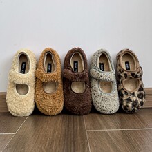 豹纹玛丽珍毛毛鞋女冬季2025新款丑萌面包棉鞋魔术贴平底加绒单鞋