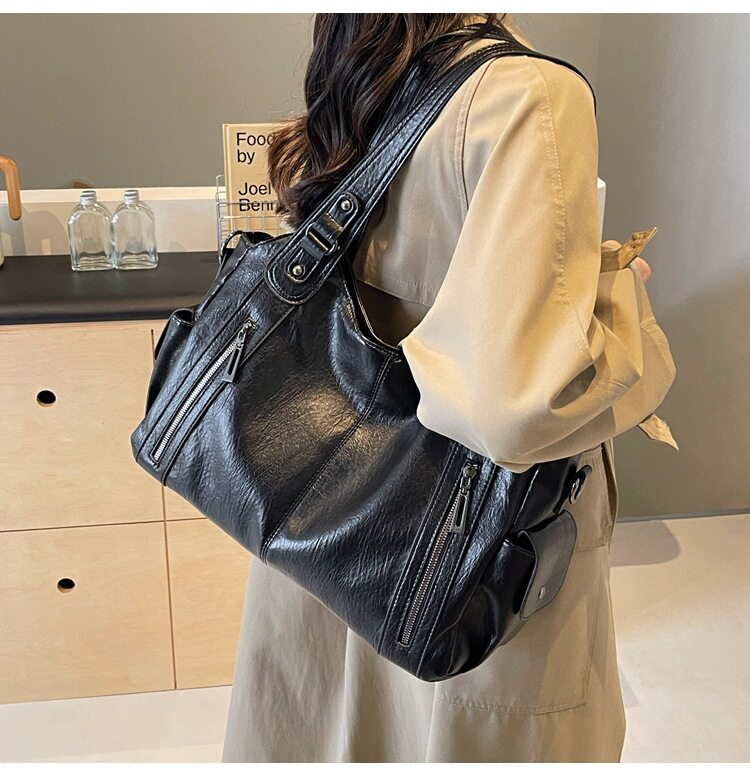 Túi tote nữ dung tích lớn đeo chéo đeo vai phong cách retro, chất liệu PU mềm — Màu cà phê, Màu nâu, Màu đen chi tiết 20