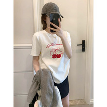 甜美风蝴蝶结印花正短袖100%纯棉T恤女夏季宽松韩系减龄打底上衣