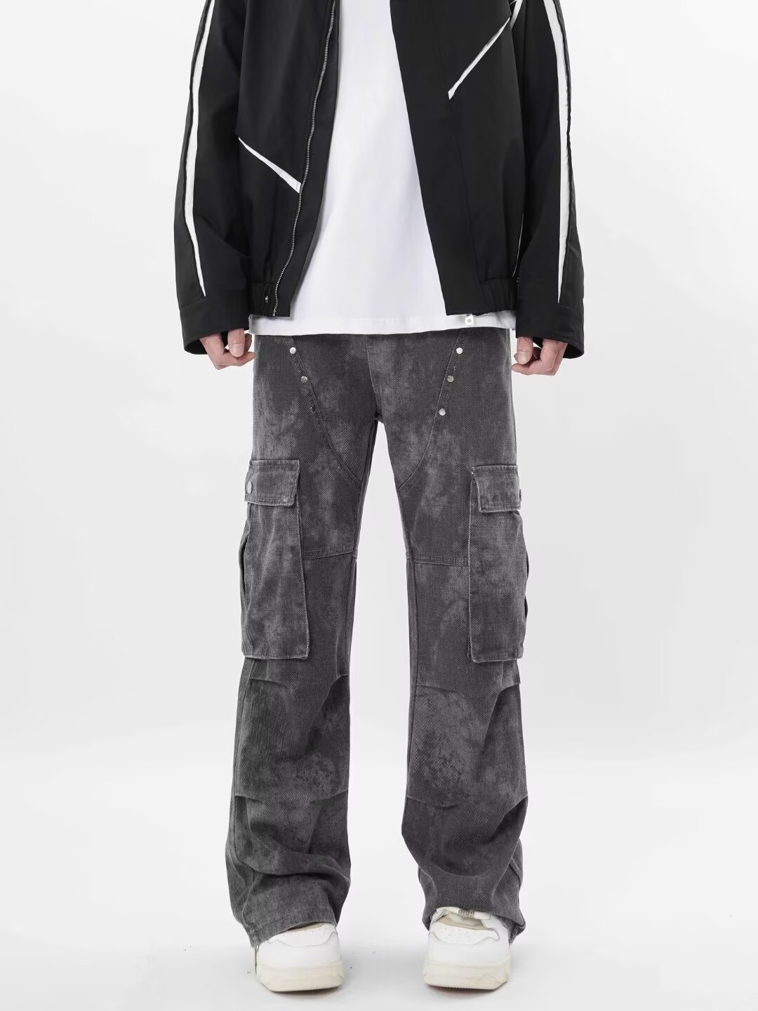 American high-street retro distressed wasteland style washed pleated slightly flared jeans for men, European and American style wide-leg pants trendy long...