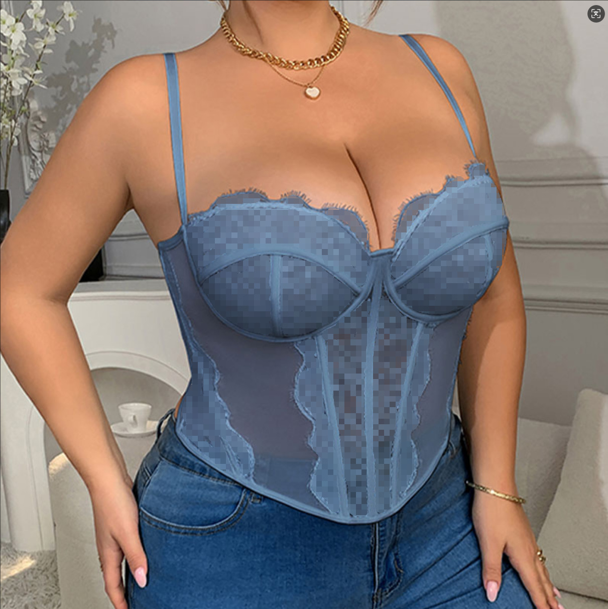Plus Size Lace Embroidered Fishbone Halter Top Backless Corset_voghion.com
