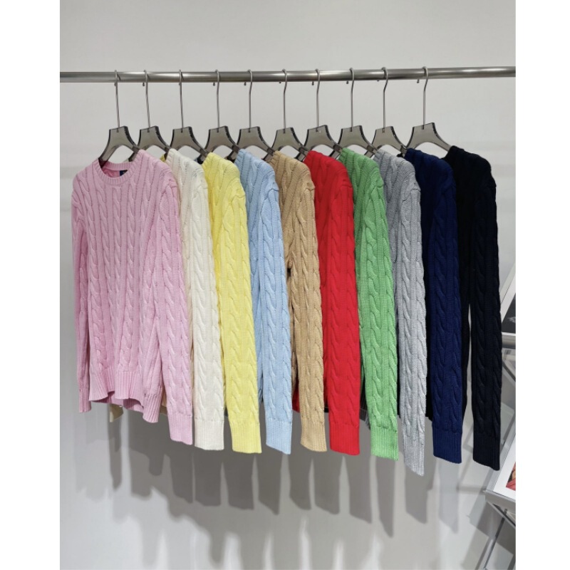 100% Cotton Ralph Lauren Pony Embroidery Thick Cable Knit Crew Neck Pullover Sweater for Women, Cable Design, Japanese and Korean Casual Style