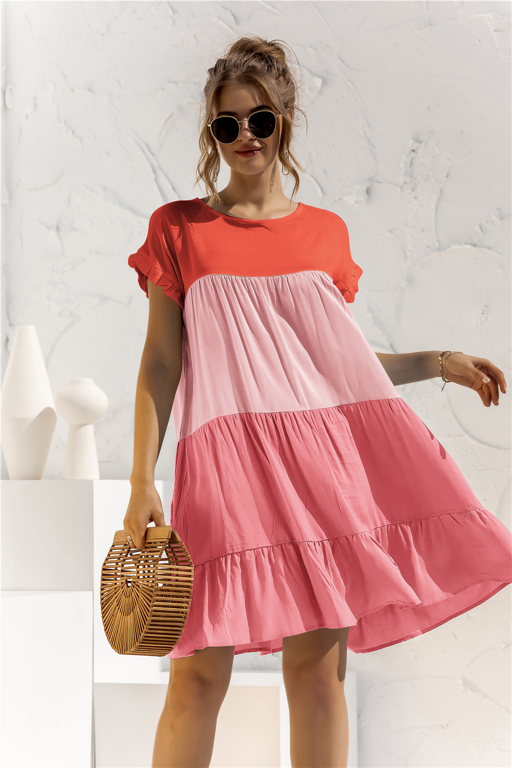 Women's Tiered Skirt Fashion Round Neck Patchwork Short Sleeve Color Block Above Knee Daily display picture 82