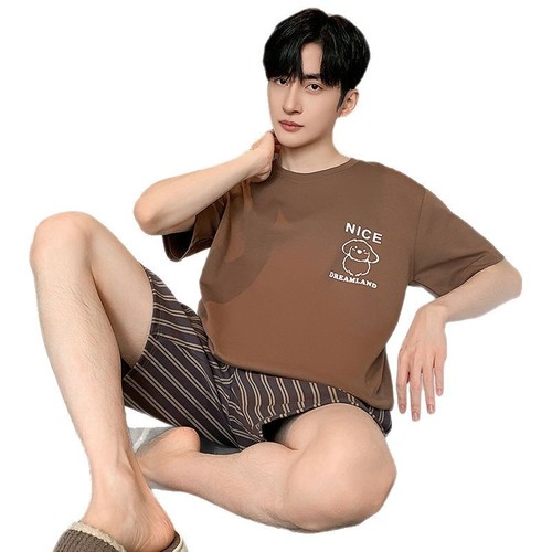 Summer Men's Cotton-Like Padded Short-Sleeve Shorts Lounge Outwear for Plus Size Teenagers, Can Be Worn Outside, Thin Home Clothes for Men