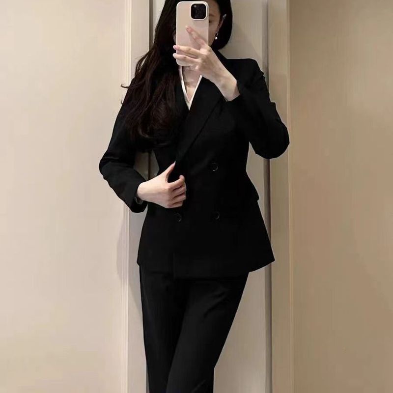 灰色西装套装女2025年春秋新款上衣工作服正装黑色西服外套两件套|undefined