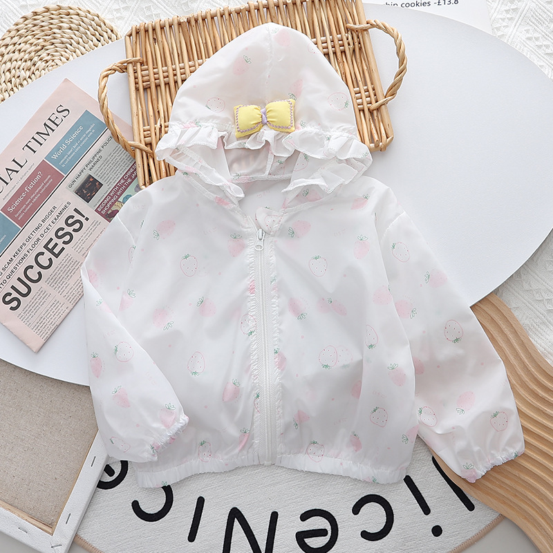베이비 프린트 자외선 차단 재킷, 얇은 외출, 여아 여름 가디건, 아동 후드 탑, 해변 캠핑 트렌드