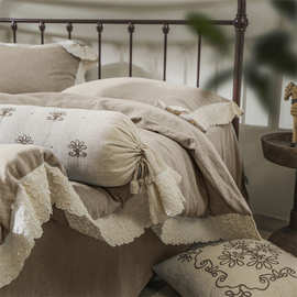 法式复古风纯棉亚麻床上四件套优雅浪漫立体宽边蕾丝棉麻民宿床品