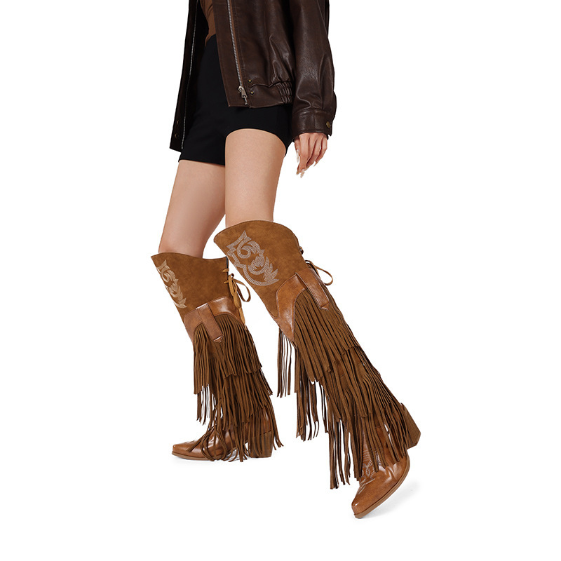 40-43 European and American Foreign Trade Cross-Border Spring and Autumn Thick High-Heeled Tassel Boots Embroidered Lace-Up High-Tube Over-The-Knee Long Boots Z730 40-43 European and American Foreign Trade Cross-Border Spring and Autumn Thick High-Heeled Tassel Boots Embroidered Lace-Up High-Tube Over-The-Knee Long Boots Z730