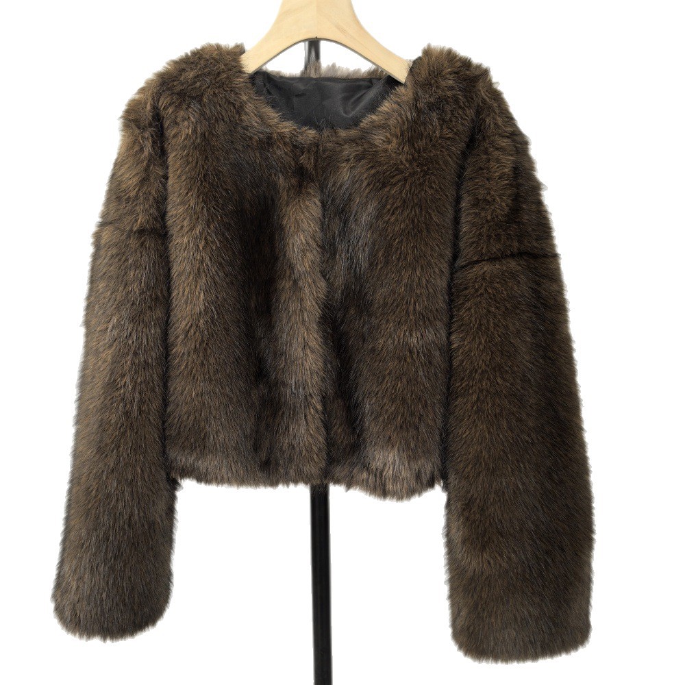 Women's Clothing Eco-Friendly Faux Fur Coat Winter Short Jacket Soft Plush Round Neck Fashion Outerwear Custom Colors (White/Cream, Grey/Cream, Brown)_voghion.com