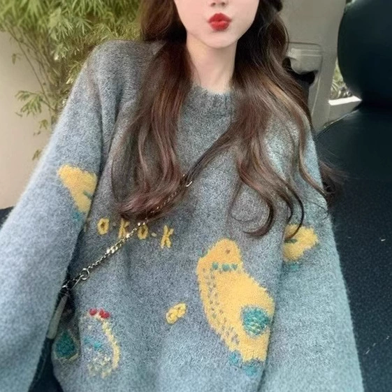 Французский трансграничный осенний и зимний новый продвинутый жаккардовый стиль ленивый свитер женский свободный ретро носить толстый свитер