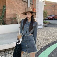 新款网红时尚潮流两件套裙a字半身裙春夏季辣妹牛仔套装大码女装