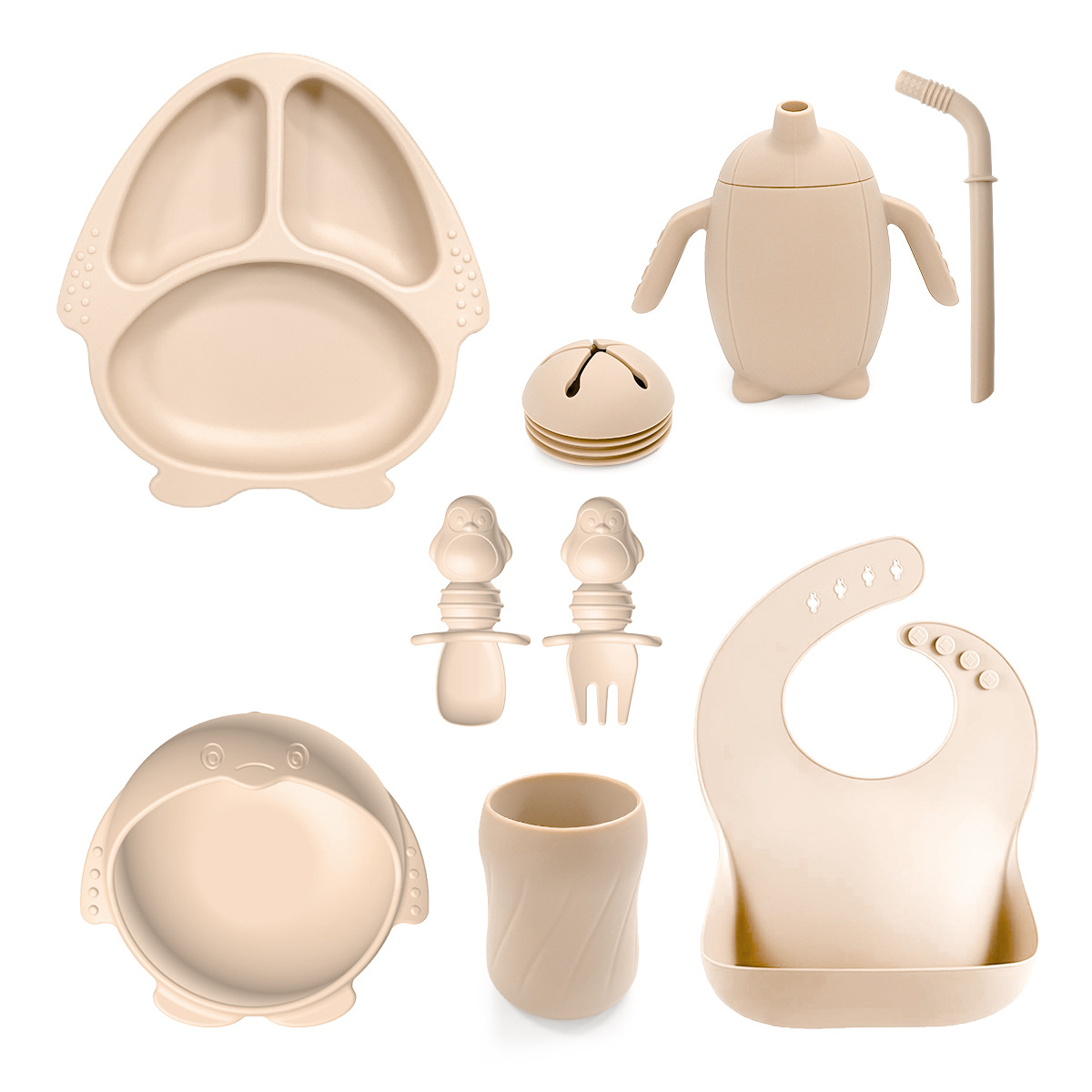 2024 nuevos productos para niños platos de silicona cubiertos suplemento platos cucharas pingüino platos de ocho piezas conjunto de suministros para madre y bebé