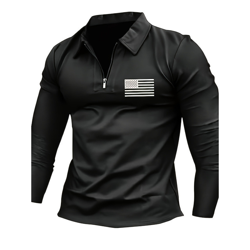 Men's Polo Shirts American Flag Printed Long Sleeve Shirt Casual Fashion