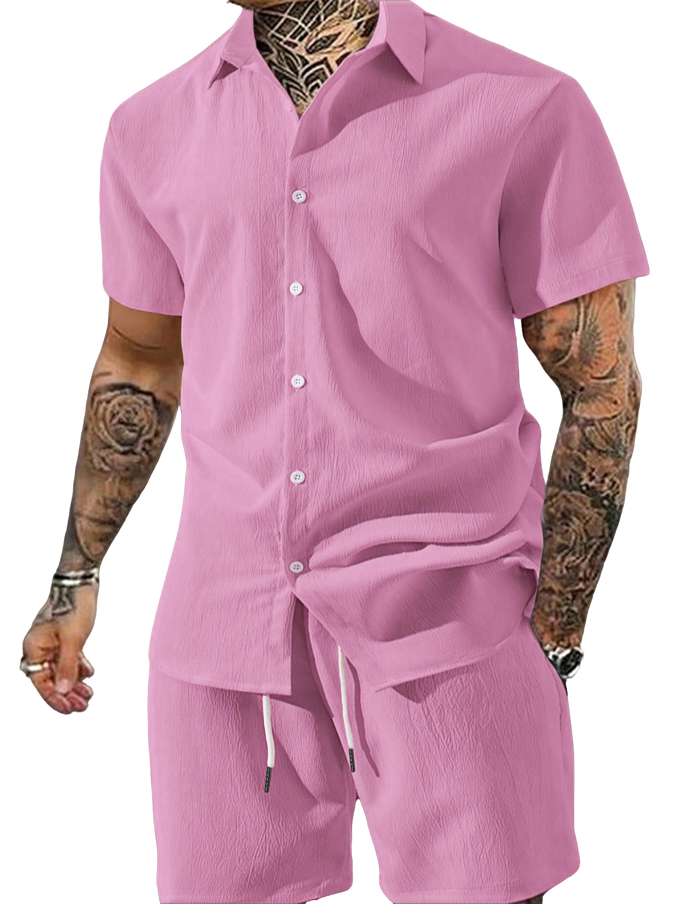 Nuevo transfronterizo Europa y América Amazon verano hombre nuevo color sólido camisa de botón de solapa de manga corta pantalones cortos set hombre