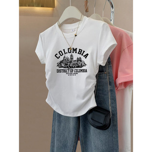 Shoulder plus size Short-sleeved Fishbone T-shirt Women's Design Sense Niche Slim-fit Slimming Flesh-covered Age-reducing Cotton Western Style Top