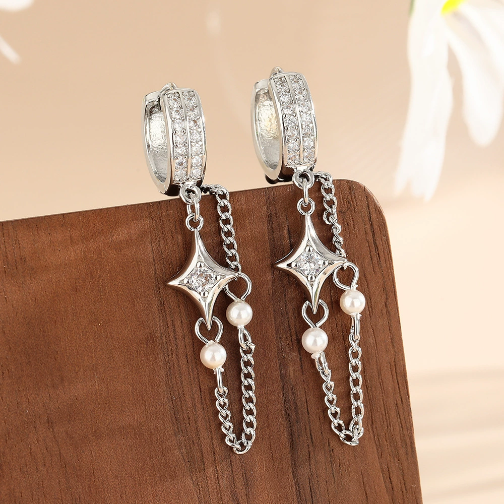 Sophisticated zirconium, long chain, earrings with tassels from pearl, European style