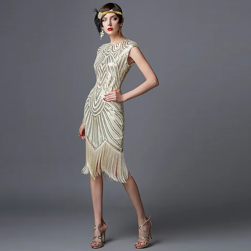 1920S Gatsby Style Sequin Tassel Dress Retro Slim Fit Evening Prom Party Dress
