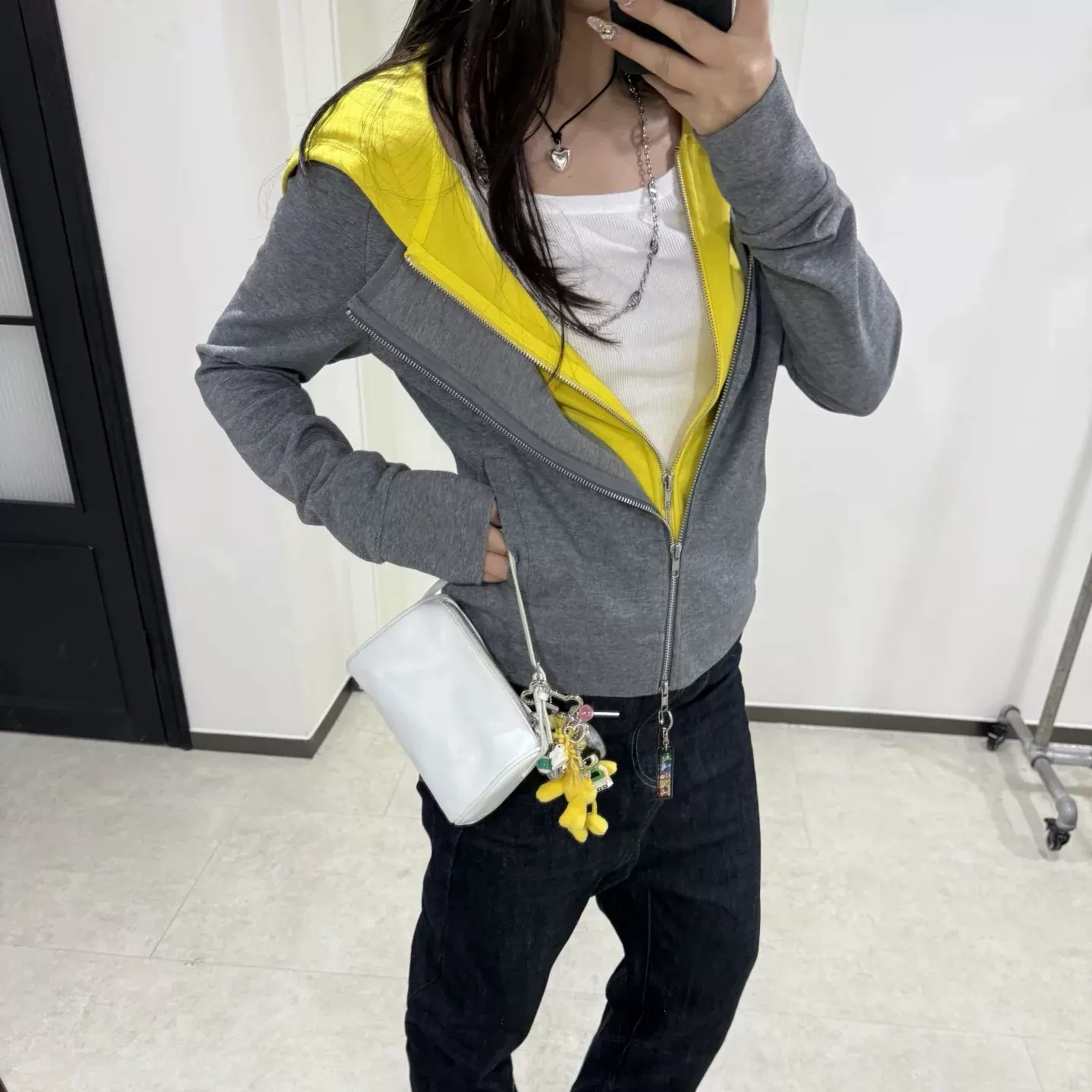 新款sportychic运动风休闲拉链外套女假两件连帽斜襟撞色卫衣5304