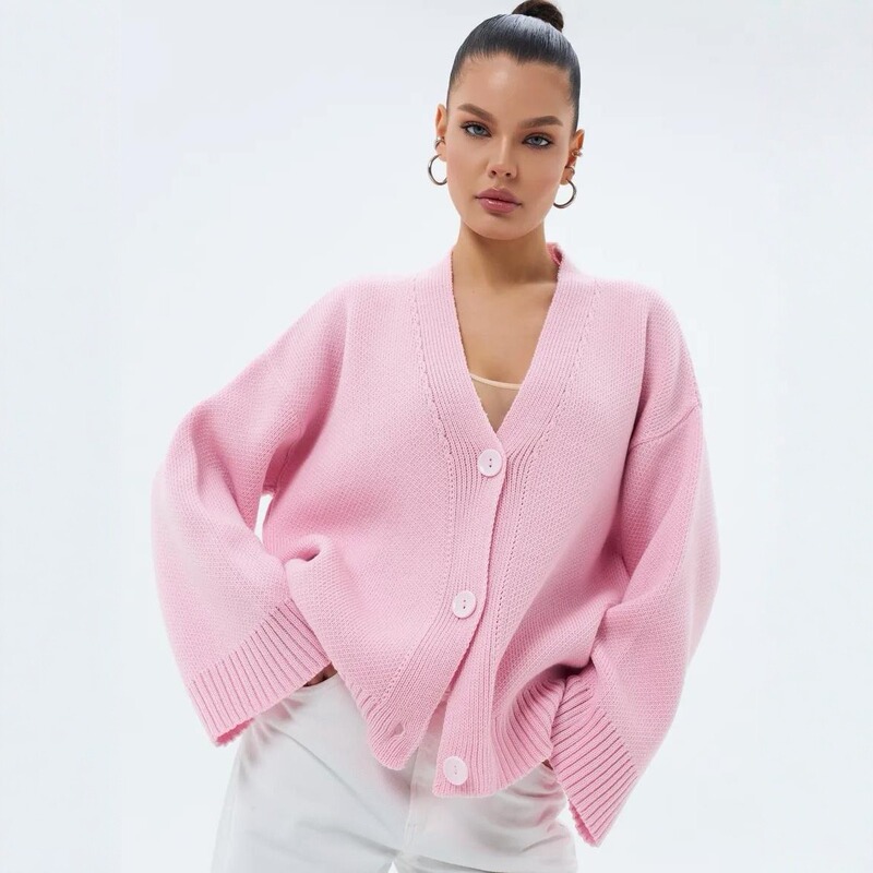 Amazon Women's Sweater New Pink Thick Knitted Cardigan Loose Coat European and American Style Cross-Border Women's Clothing Foreign Trade