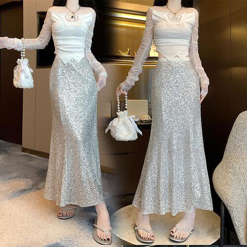 Large size women's clothing mesh half-length long dress standing sequined gold fairy women's dress fashion slimming half-length skirt middle and long dress fat sister
