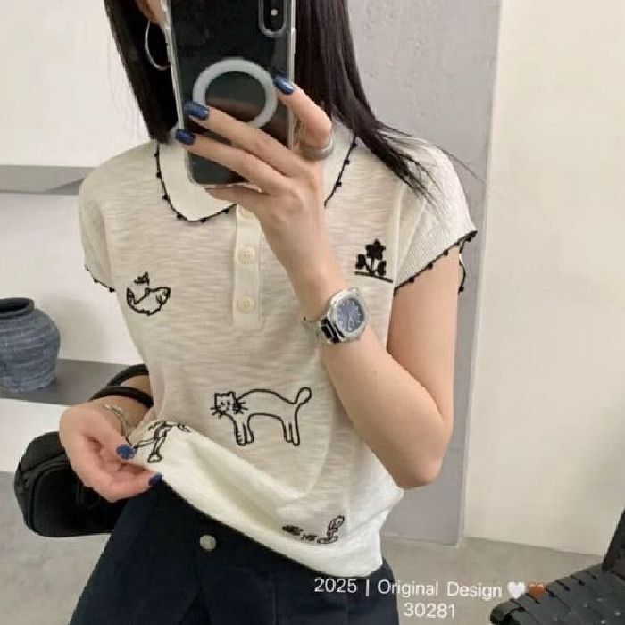 Xinyu Lace Doll Collar Cartoon Contrasting Color Embroidered Knitted Vest Women's Summer New Niche Versatile Slimming Look Top