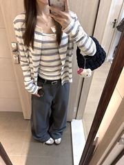 韩系条纹开衫女装配吊带背心早秋季气质长袖针织衫上衣外套两件套