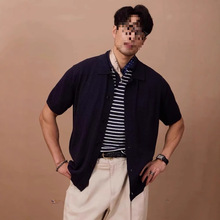 韩国男装代购轻熟风薄款休闲翻领夏季系扣针织开衫短袖恤2025