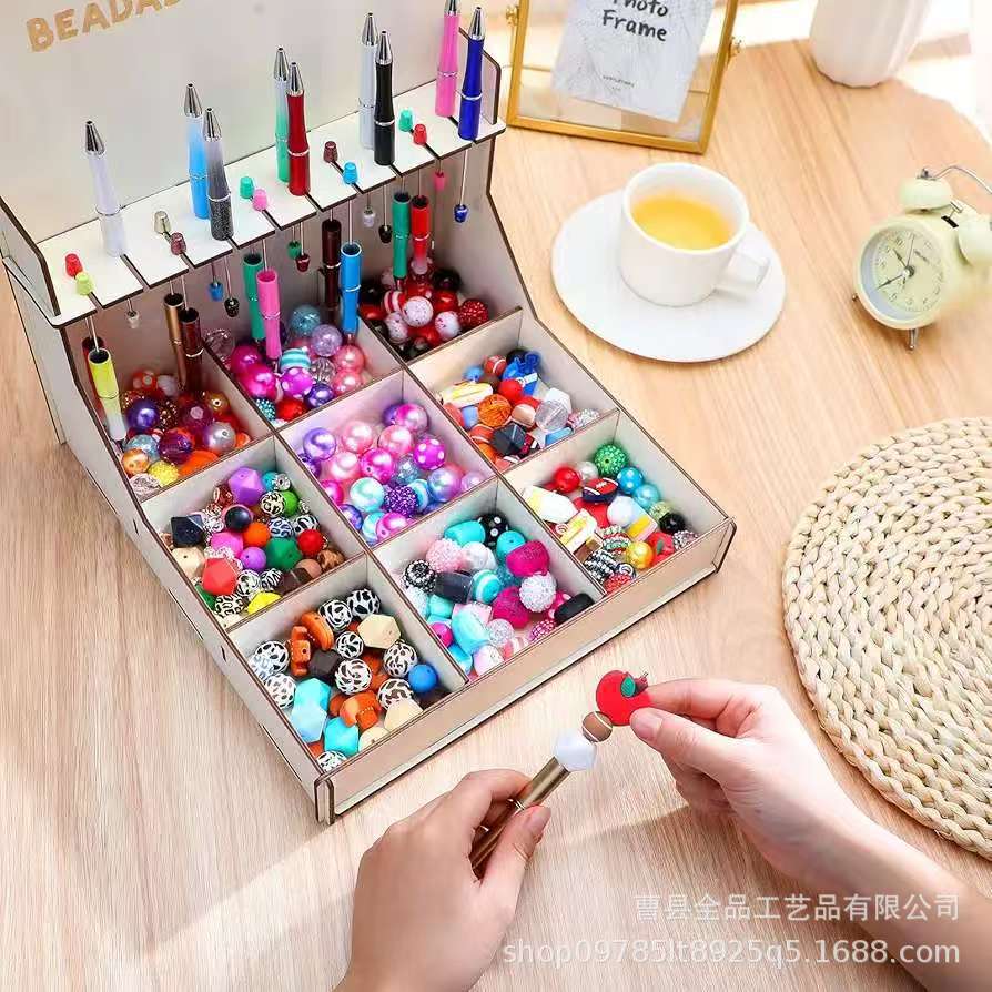 Portalápices de madera con cuentas con bandeja de clasificación para el hogar DIY10 ranura para bolígrafo con cuentas soporte de exhibición caja de almacenamiento con cuentas