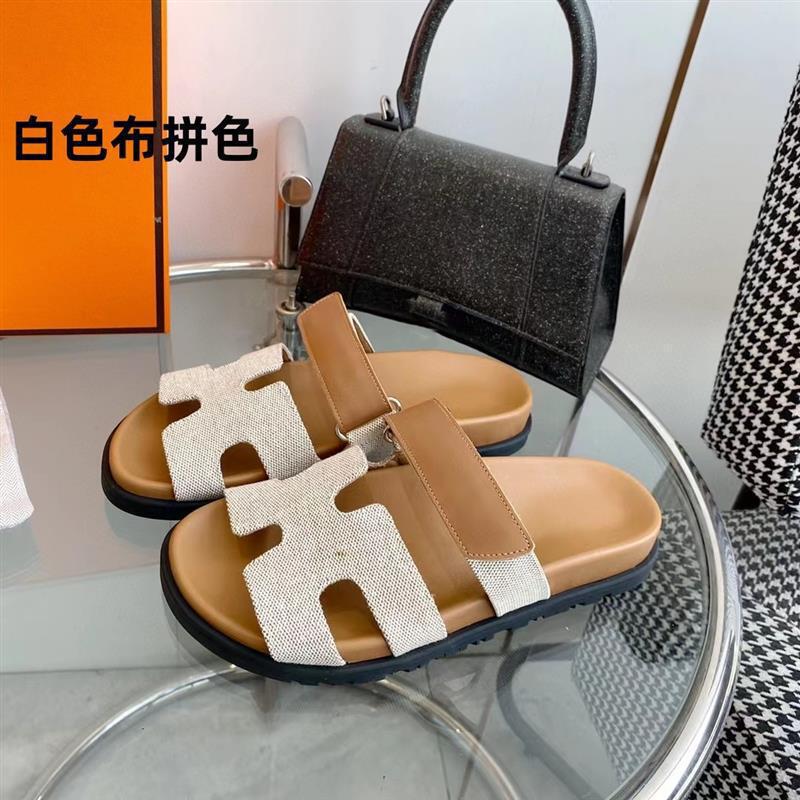 女性用の高品質の二級サンダル、ビーチ用の第一層牛革ベルクロスリッポン、男性用のフラットビッグブランドスリッパ|undefined