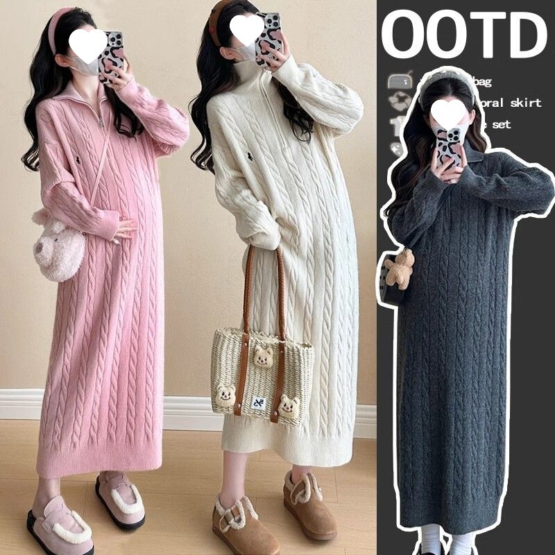 Maternity Wear Autumn and Winter Twist Sweater Dress Lapel Knitted Dress Autumn New Pregnant Mother Embroidered Long Dress Hot Sale