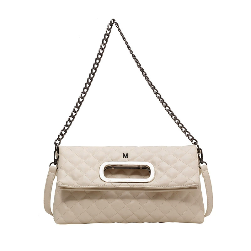 Capacious small design winter one-shoulder bag with diamond pattern, chain bag