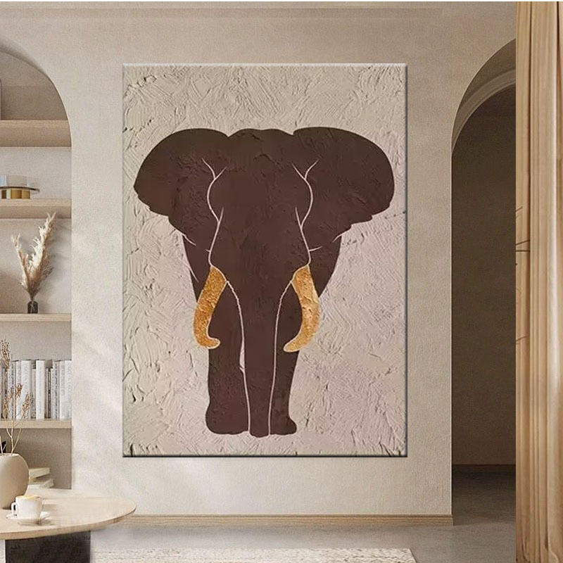 Hand-Painted Oil Painting Elephant Decorative Painting Retro Living Room Entrance High-End Hanging Painting Sandstone Stereo Texture Floor Painting