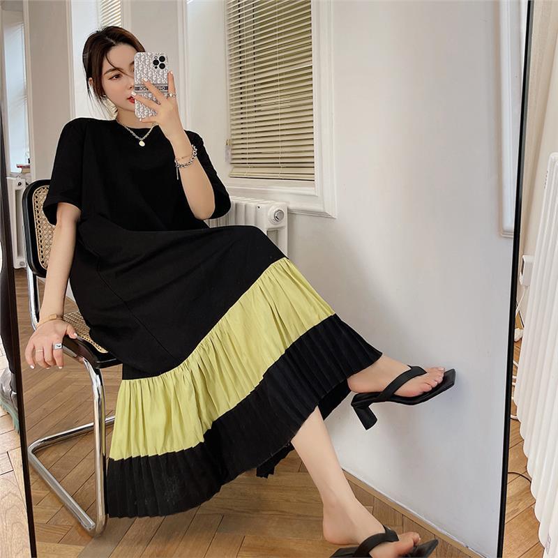 2025 Amazon Summer New Style Extended Plus Size Color Block Pleated Short Sleeve Dress