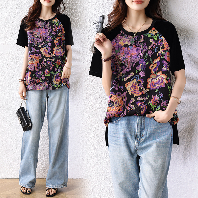 2025 夏の新大きいサイズの女性のファッショナブルなルーズスリミング中国風ステッチコントラストプリント Tシャツトップ|undefined