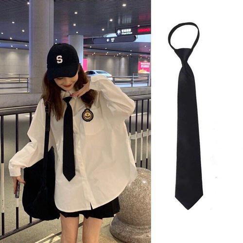Black Student Lazy Man Collarless Zipper Shirt Tie College Style Japanese Business Necktie for Men and Women