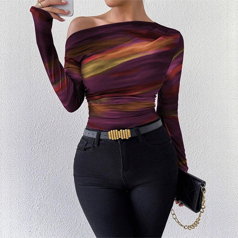 Amazon European and American Export Women's Clothing 2025 Autumn and Winter Fashion Women's Slim Slanted Shoulder Long-Sleeved T-Shirt Tops Cross-Border Amazon European and American Export Women's Clothing 2025 Autumn and Winter Fashion Women's Slim Slanted Shoulder Long-Sleeved T-Shirt Tops Cross-Border