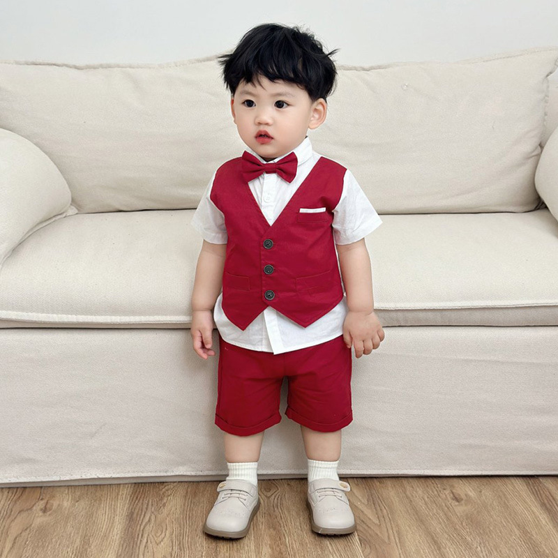 Foreign Trade Kidsren's Clothing Wholesale Boys' Suits Summer Two-Piece Set Little Boy Short-Sleeved Shorts Fake Vest Kidsren's Summer Clothing