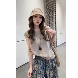 韩系简约风咖色冰丝小飞袖针织衫女夏季新款轻薄透气短袖上衣