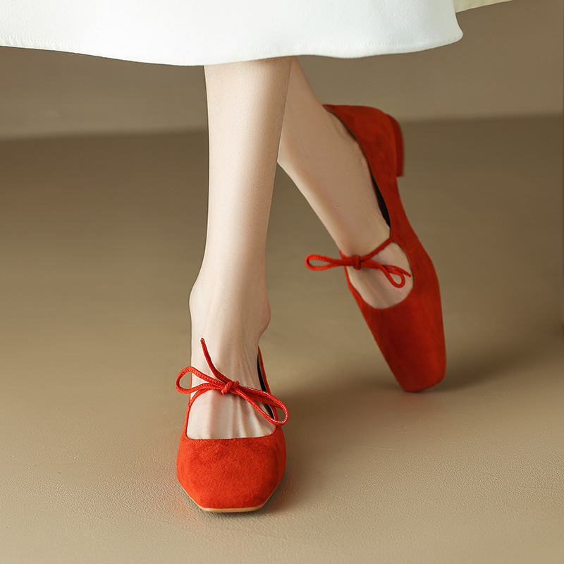 Retro red suede cute Mary Jane shoes square toe with shoelaces with…