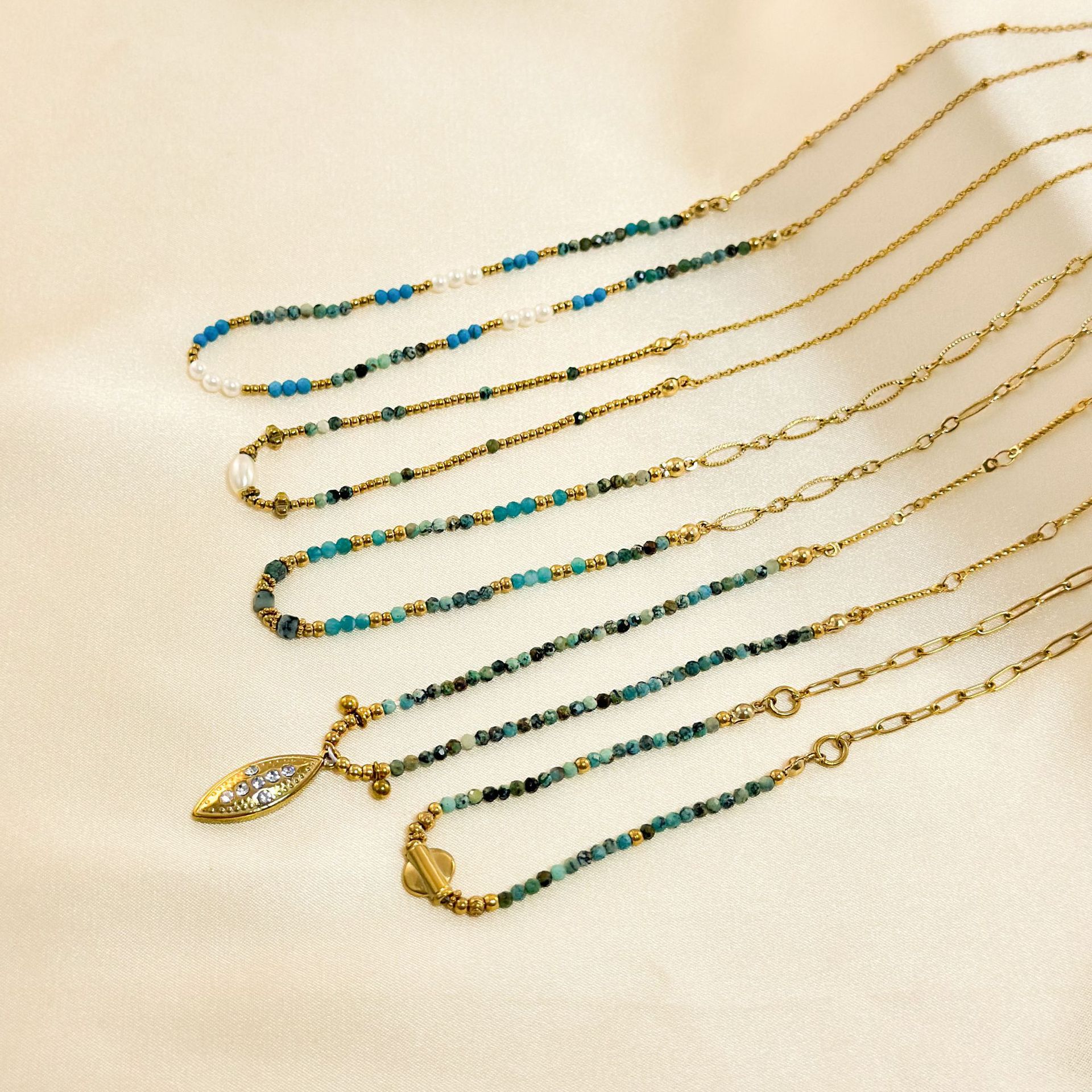 Plating Design Elegant Geometric 304 Stainless Steel Natural Stone Beaded Chain Necklace In Bulk