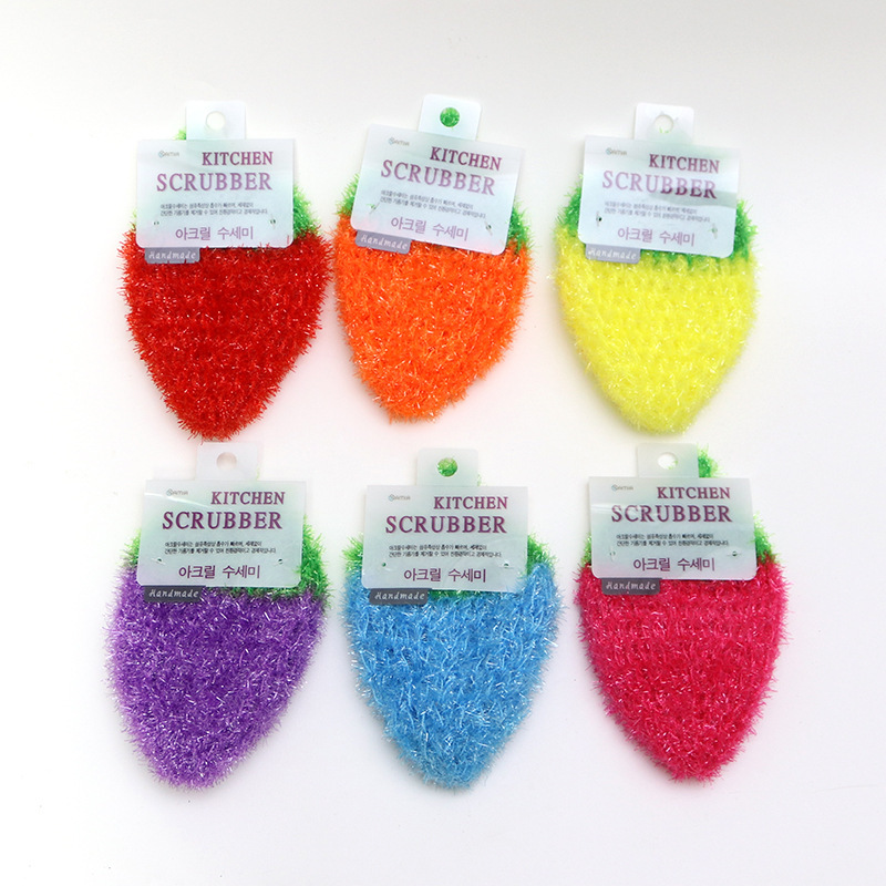 Factory wholesale acrylic strawberry dishwashing towel kitchen cleaning scouring pad thickened double layer oil washing bowl wipe