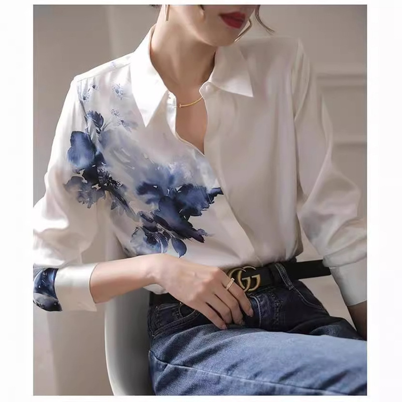 Ink Print White Shirt Women's Long Sleeve Spring 2024 New Silk Shirt Acetic Acid Satin Top Ink Print White Shirt Women's Long Sleeve Spring 2024 New Silk Shirt Acetic Acid Satin Top