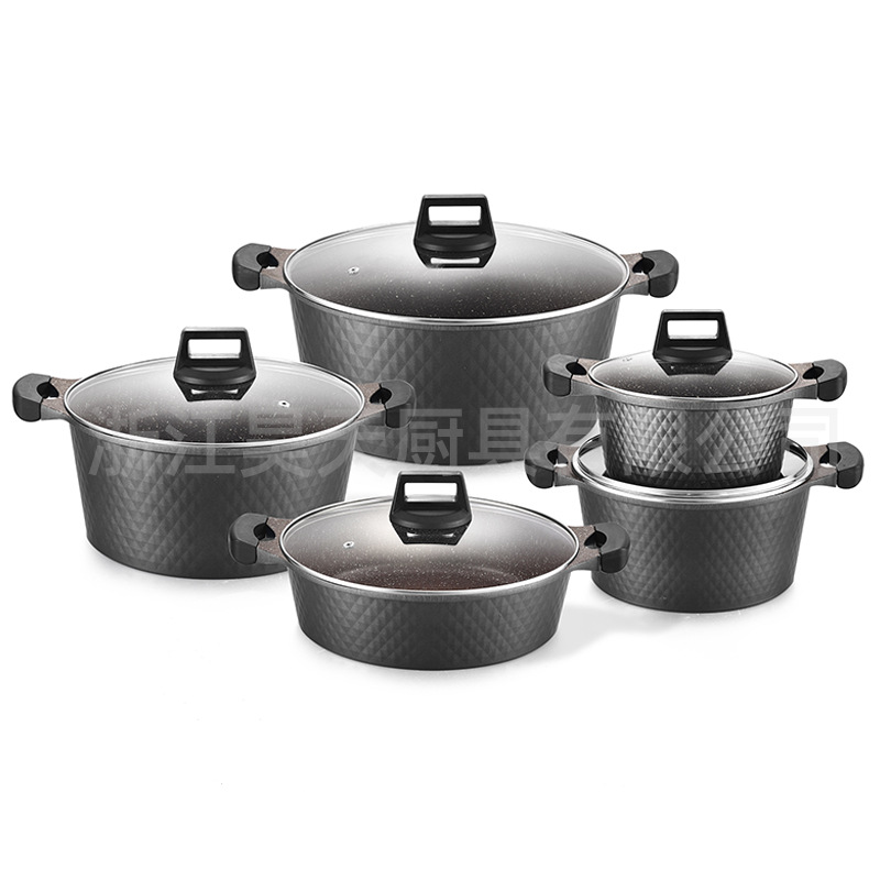 Juego de olla antiadherente de diez piezas, wok de aluminio para el hogar, olla de sopa, combinación de utensilios de cocina, estufa de gas, juego de olla aplicable, juego de utensilios de cocina transfronterizo