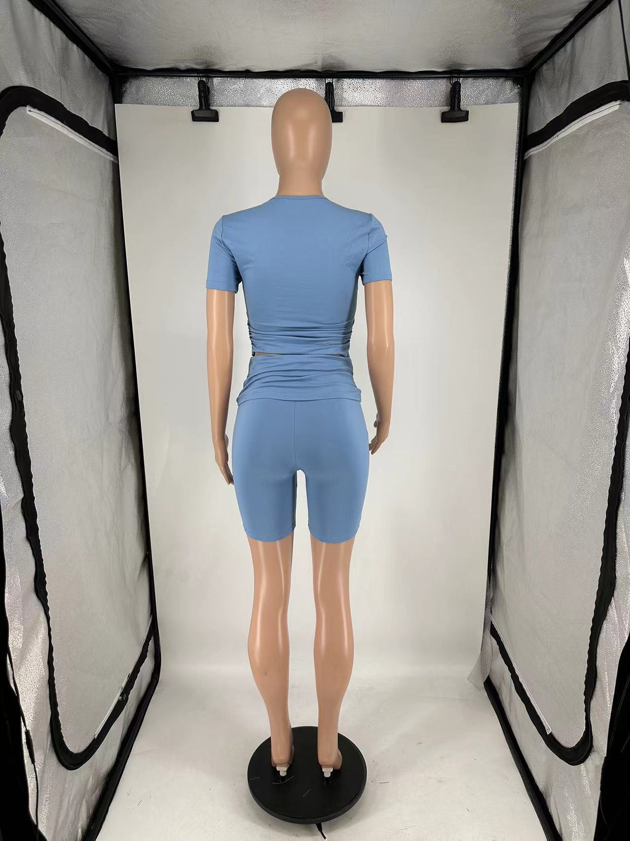 Women's Casual Short Sleeve Top + Roll-Up Shorts Set – Trendy Two-Piece Outfit (Black/Light Gray/Blue/Pink, S-Xl)_ecoleips.com