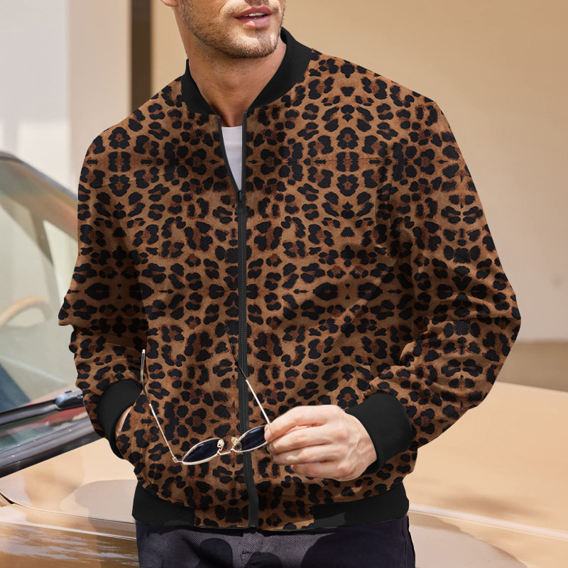 Cross-border Amazon Autumn Vintage Leopard Pattern Men's Zipper Jacket Casual fleece-lined Long Sleeve Cardigan Jacket for Men