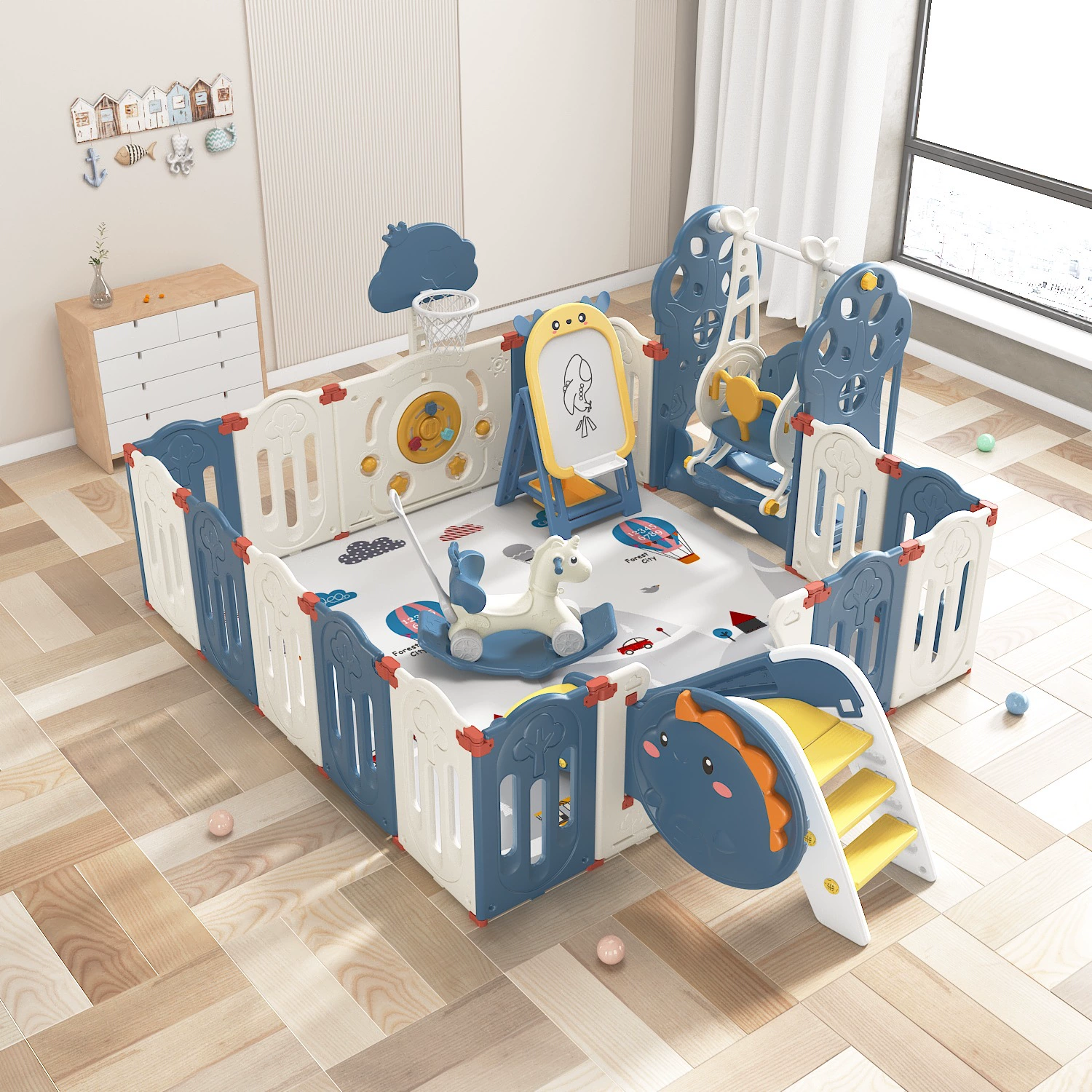 Модульный детский манеж для дома, размеры 155×155–230×190 см, варианты с горкой/качелями/кольцом