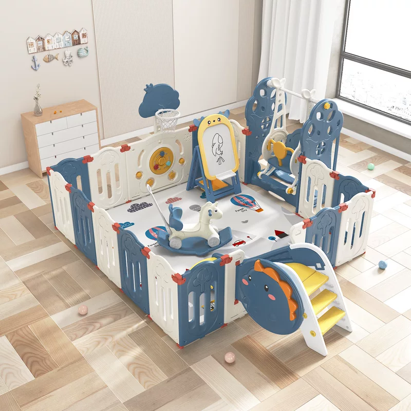 Модульный детский манеж для дома, размеры 155×155–230×190 см, варианты с горкой/качелями/кольцом